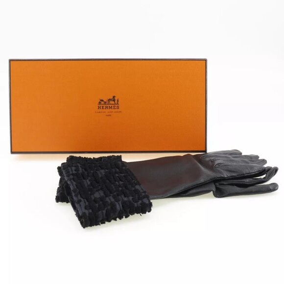 HERMES Glove gloves black lambskin/Satin Women - Picture 1 of 7